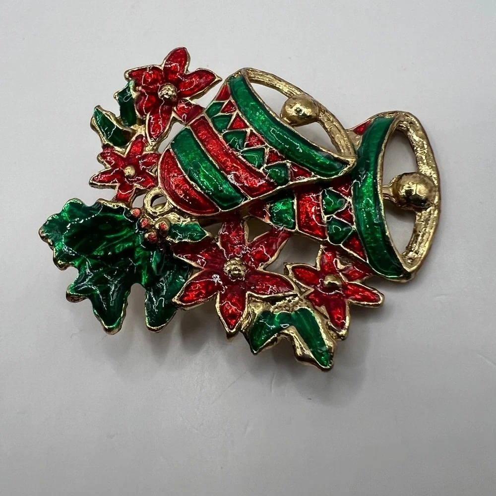 Vintage Bell Brooch Red Green Enamel Gold Tone Christmas Holiday‎ Pin